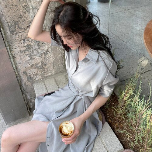 Simple Korean Chic Summer 2022 New Woman Dress Short Sleeve Slim Waist Pleated Dress Vestidos Split Sexy Elegant Ladies Robe