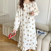 Load image into Gallery viewer, Simple O-neck Cartoon Cute Nightgowns Spring Long Sleeve Bear Sleep Dress Mori Girl Fungus Kawaii Sleeping Dress Night Wear