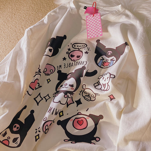 Simple O-neck Cute Cartoon T-shirts Women 2022 All Match Casua Loose Lazy Tops Long Sleeve Japanese Kawaii Tees Spring Blusas
