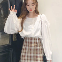 Load image into Gallery viewer, Simple O-neck Solid Shirts for Women Single Breasted White Tops Puff Long Sleeve Office Lady Sweet Blouses Spring 2022 New