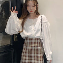 Load image into Gallery viewer, Simple O-neck Solid Shirts for Women Single Breasted White Tops Puff Long Sleeve Office Lady Sweet Blouses Spring 2022 New