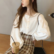 Load image into Gallery viewer, Simple O-neck Solid Shirts for Women Single Breasted White Tops Puff Long Sleeve Office Lady Sweet Blouses Spring 2022 New