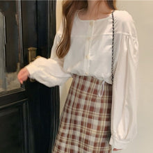 Load image into Gallery viewer, Simple O-neck Solid Shirts for Women Single Breasted White Tops Puff Long Sleeve Office Lady Sweet Blouses Spring 2022 New