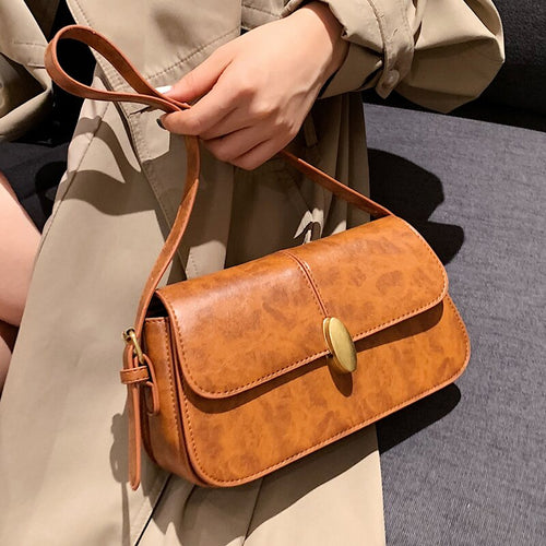 Simple Style Small Vintage PU Leather Underarm Baguette Shoulder Crossbody Bags For Women 2021 Winter Simple Handbags And Purses