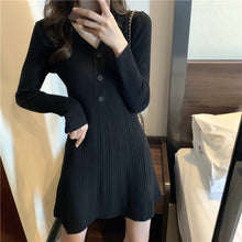 Load image into Gallery viewer, Simple V Neck Long Sleeve Knitted Dress Women Korean Style Chic Slim Fit Elegant All Match Robe Autumn Winter Bottom Vestidos