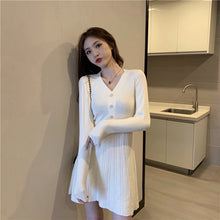 Load image into Gallery viewer, Simple V Neck Long Sleeve Knitted Dress Women Korean Style Chic Slim Fit Elegant All Match Robe Autumn Winter Bottom Vestidos