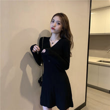 Load image into Gallery viewer, Simple V Neck Long Sleeve Knitted Dress Women Korean Style Chic Slim Fit Elegant All Match Robe Autumn Winter Bottom Vestidos