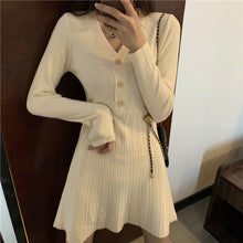 Load image into Gallery viewer, Simple V Neck Long Sleeve Knitted Dress Women Korean Style Chic Slim Fit Elegant All Match Robe Autumn Winter Bottom Vestidos