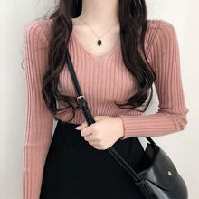 Load image into Gallery viewer, Simple V Neck Long Sleeve Slim Fit Bottoming Sweater Women Korean Style Chic Elegant Autumn Winter 2022 Knitted Pullovers Jumper