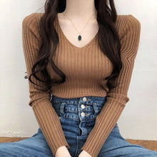 Load image into Gallery viewer, Simple V Neck Long Sleeve Slim Fit Bottoming Sweater Women Korean Style Chic Elegant Autumn Winter 2022 Knitted Pullovers Jumper