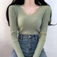 Load image into Gallery viewer, Simple V Neck Long Sleeve Slim Fit Bottoming Sweater Women Korean Style Chic Elegant Autumn Winter 2022 Knitted Pullovers Jumper