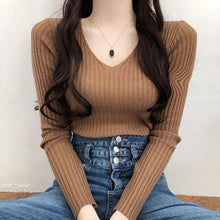 Load image into Gallery viewer, Simple V Neck Long Sleeve Slim Fit Bottoming Sweater Women Korean Style Chic Elegant Autumn Winter 2022 Knitted Pullovers Jumper