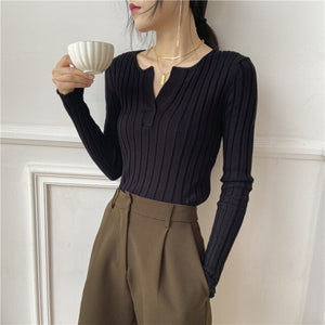 Simple V Neck Slim Fit Sweater Women Korean Style Chic Long Sleeve Knitted Pullovers Women Autumn Winter Bottom Sweaters Women