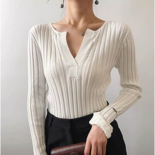 Simple V Neck Slim Fit Sweater Women Korean Style Chic Long Sleeve Knitted Pullovers Women Autumn Winter Bottom Sweaters Women
