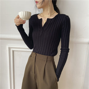 Simple V Neck Slim Fit Sweater Women Korean Style Chic Long Sleeve Knitted Pullovers Women Autumn Winter Bottom Sweaters Women