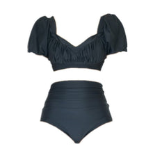Load image into Gallery viewer, Sister Solid Swim Bikinis Short Sleeve Pleated Padded Biquini Swimsuit Sexy Push Up High Waist Two-piece Bathing Suit