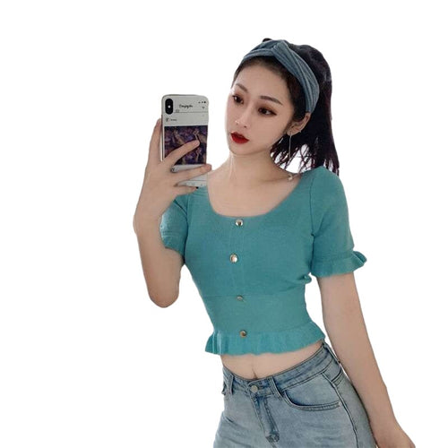 Skinny T-shirts Girls Cropped Slim Fashion Knitting Pullovers Vintage Tee Summer Tops Solf Woman Slim Ruffles Crop Sweaters Pink