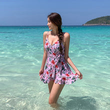Load image into Gallery viewer, Skirt One Piece Swimsuit Women Floral Print Swimwear Ruffle Monokini Open Back Swim Suit Push Up Pad Bathing Suit Flounce Belt
