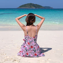 Load image into Gallery viewer, Skirt One Piece Swimsuit Women Floral Print Swimwear Ruffle Monokini Open Back Swim Suit Push Up Pad Bathing Suit Flounce Belt