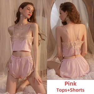 Sleep Tops Shorts 2Piece Set Summer Women Short Doll Sexy Pajamas Sets Lingerie Sleepwear Night Gowns Backless Camisolas 2022