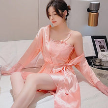Load image into Gallery viewer, Sleepwear Woman Summer Short-Sleeve Silk Thin Satin Pajamas Suspenders Nightdress Robe 2 Piece Set Female Lace Nightwear