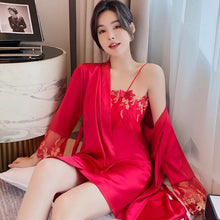 Load image into Gallery viewer, Sleepwear Woman Summer Short-Sleeve Silk Thin Satin Pajamas Suspenders Nightdress Robe 2 Piece Set Female Lace Nightwear