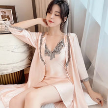 Load image into Gallery viewer, Sleepwear Woman Summer Short-Sleeve Silk Thin Satin Pajamas Suspenders Nightdress Robe 2 Piece Set Female Lace Nightwear