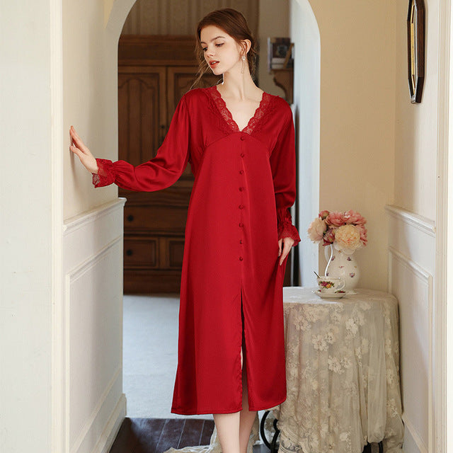 Sleepwear Women Sexy Nightwear Lace Sleepwear Sleeping Dress Nightgown Nighty for Ladies Silk V Neck Slit Over Knee Nightdress
