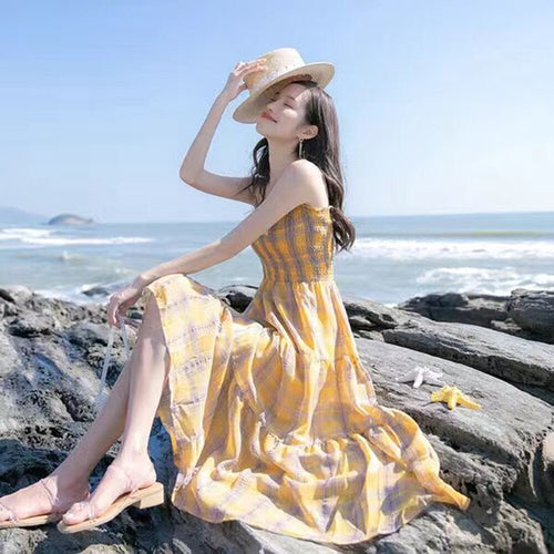 Sleeveless Dress Women Plaid Retro Maxi Shirring Elegant Harajuku Simple Leisure Female Popular Classic Vacation Empire Soft Ins