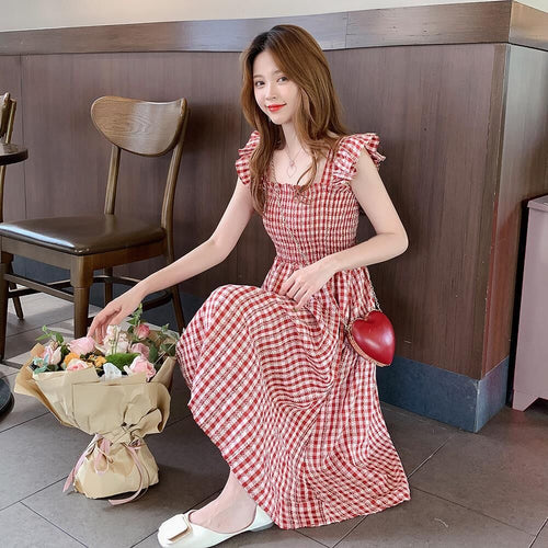 Sleeveless Dress Women Red Plaid Square Collar Ruffles Korean Style Vintage Sweet Kawaii Ladies Stylish Harajuku Elegant Casual