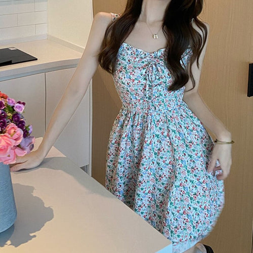Sleeveless Summer Sling Dress Floral Spaghetti Strap Ruffle Mini Beach Dresses Lady Vintage Femme Robe 2021 New Fashion Vestidos