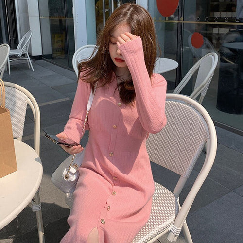 Slim Fit V Neck Knitted Dress for Women Korean Style Chic Elegant Body Bottomed Robe Femme Autumn Winter 2022 Long Vestidos