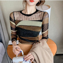 Load image into Gallery viewer, Slim Lace Bottoming O-neck Shirt For Women Splicing Pullover Blouse Shiny Long-sleeved T-shirt All-match Blouse Spring Autumn