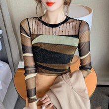 Load image into Gallery viewer, Slim Lace Bottoming O-neck Shirt For Women Splicing Pullover Blouse Shiny Long-sleeved T-shirt All-match Blouse Spring Autumn