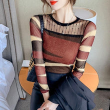 Load image into Gallery viewer, Slim Lace Bottoming O-neck Shirt For Women Splicing Pullover Blouse Shiny Long-sleeved T-shirt All-match Blouse Spring Autumn