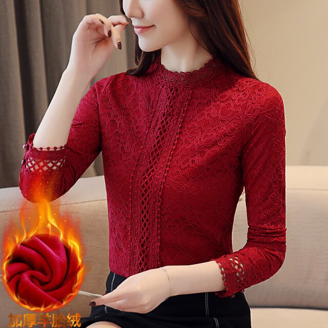 Slim Stand-Up Collar Hollow Out Lace Blouses Bottoming Velvet Shirt Autumn Winter Women Clothing Fashion Elegant Warm Top blusas