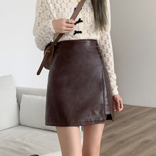 Load image into Gallery viewer, Slit Half-length Leather Skirt Women&#39;s Spring Autumn 2021 New High Waist Anti-glare A-line Package Hip Skirt Short Skirt