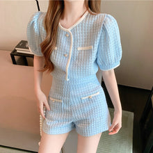 Load image into Gallery viewer, Small Fragrance Korean Sweet Two Piece Set Women Crop Top Puff Sleeve Shirt Blouse + Shorts Set Casual 2 Piece Pants Suits