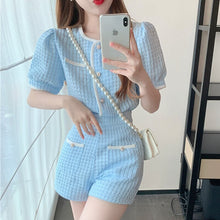 Load image into Gallery viewer, Small Fragrance Korean Sweet Two Piece Set Women Crop Top Puff Sleeve Shirt Blouse + Shorts Set Casual 2 Piece Pants Suits