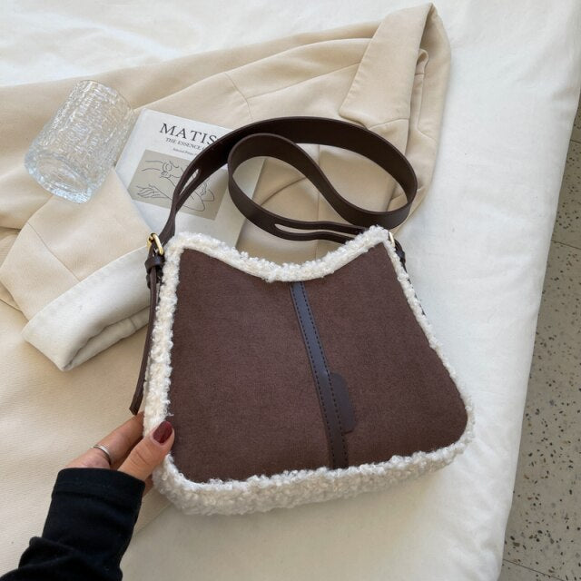 Small Quilted PU Leather Crossbody Bags with Short Faux Fur for Women 2021 Winter Brand Designer Ladies Shoulder Handbag Purses