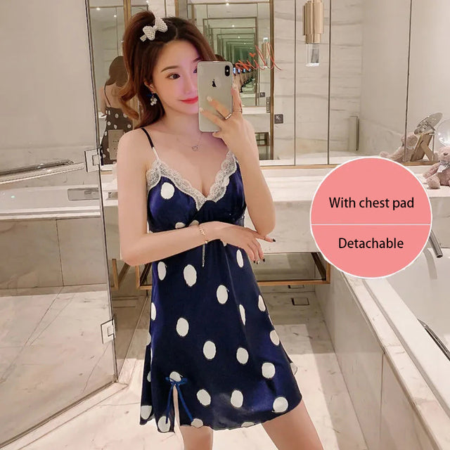 Small Suspender Nightdress Women'S Summer Thin Ice Ribbon Chest Pad Silk Sexy Hot Red Korean Version Vest Pajamas Dress