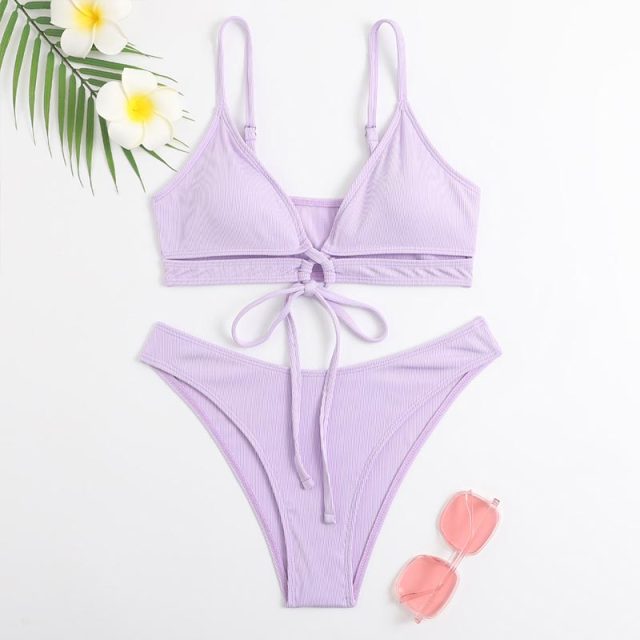 Solid Color Bikinis Bandage Swimsuit Women'S Swimwear String Biquini Halter Bikini Set 2021 New Bathing Suits Beach Wear