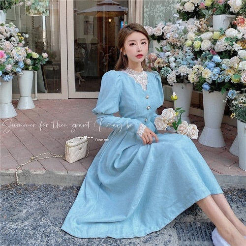 Solid Elegant Dress Women Winter Patchwork Lace Party Midi Dress Female Casual French Style Sweet Kawaii Korean Dress Women 2021