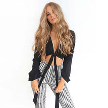 Load image into Gallery viewer, Solid Slim Bow Tie Front Short Beach Wear Women V- Neck Long Flare Sleeve Short Blouses Crop Tops