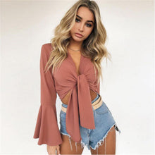 Load image into Gallery viewer, Solid Slim Bow Tie Front Short Beach Wear Women V- Neck Long Flare Sleeve Short Blouses Crop Tops