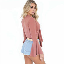 Load image into Gallery viewer, Solid Slim Bow Tie Front Short Beach Wear Women V- Neck Long Flare Sleeve Short Blouses Crop Tops