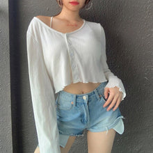 Load image into Gallery viewer, Solid Thin Hollow Out Knit Shirt Women Crop Top Single Breasted Long Sleeve Knitted Cardigan Women&#39;s Shirts Summer Simple Korean