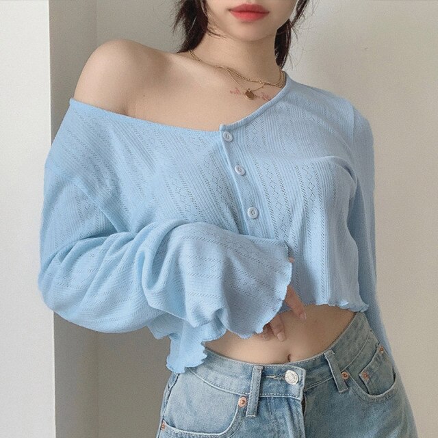 Solid Thin Hollow Out Knit Shirt Women Crop Top Single Breasted Long Sleeve Knitted Cardigan Women's Shirts Summer Simple Korean