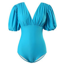 Load image into Gallery viewer, Solid Trikini Monokini Sexy Puff Sleeve Swimwear Deep V-neck Beach Bathing Suit Push Up Padded Swimsuit Lady One Piece Swimwear