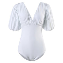 Load image into Gallery viewer, Solid Trikini Monokini Sexy Puff Sleeve Swimwear Deep V-neck Beach Bathing Suit Push Up Padded Swimsuit Lady One Piece Swimwear